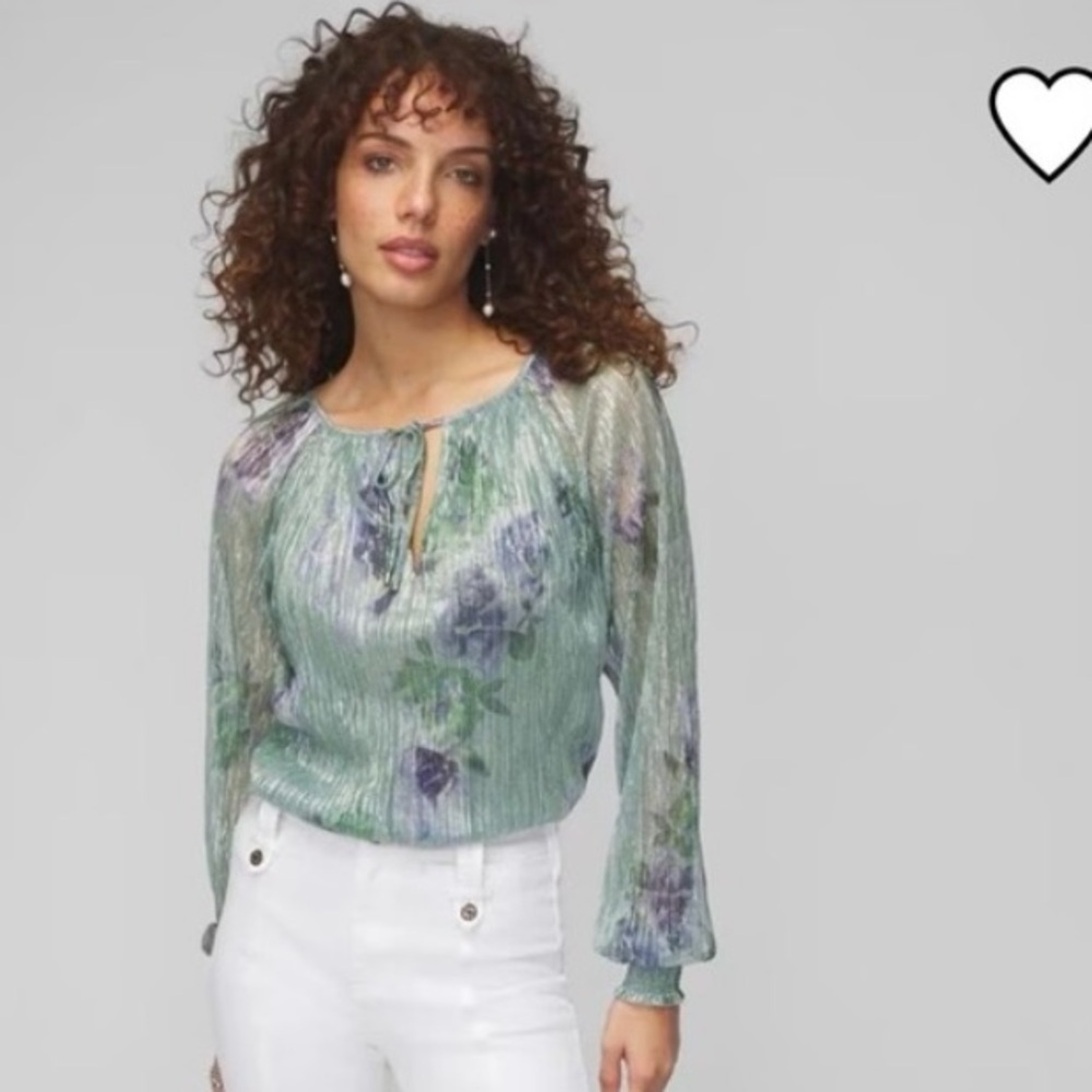 White House Black Market Long Sleeve Metallic Floral Top, Size L